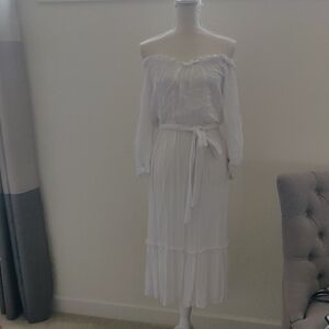 Melissa Masse White Midi Ruffle Dress Waist Tie 3/4 Sleeve Y2K Country Chic Retr